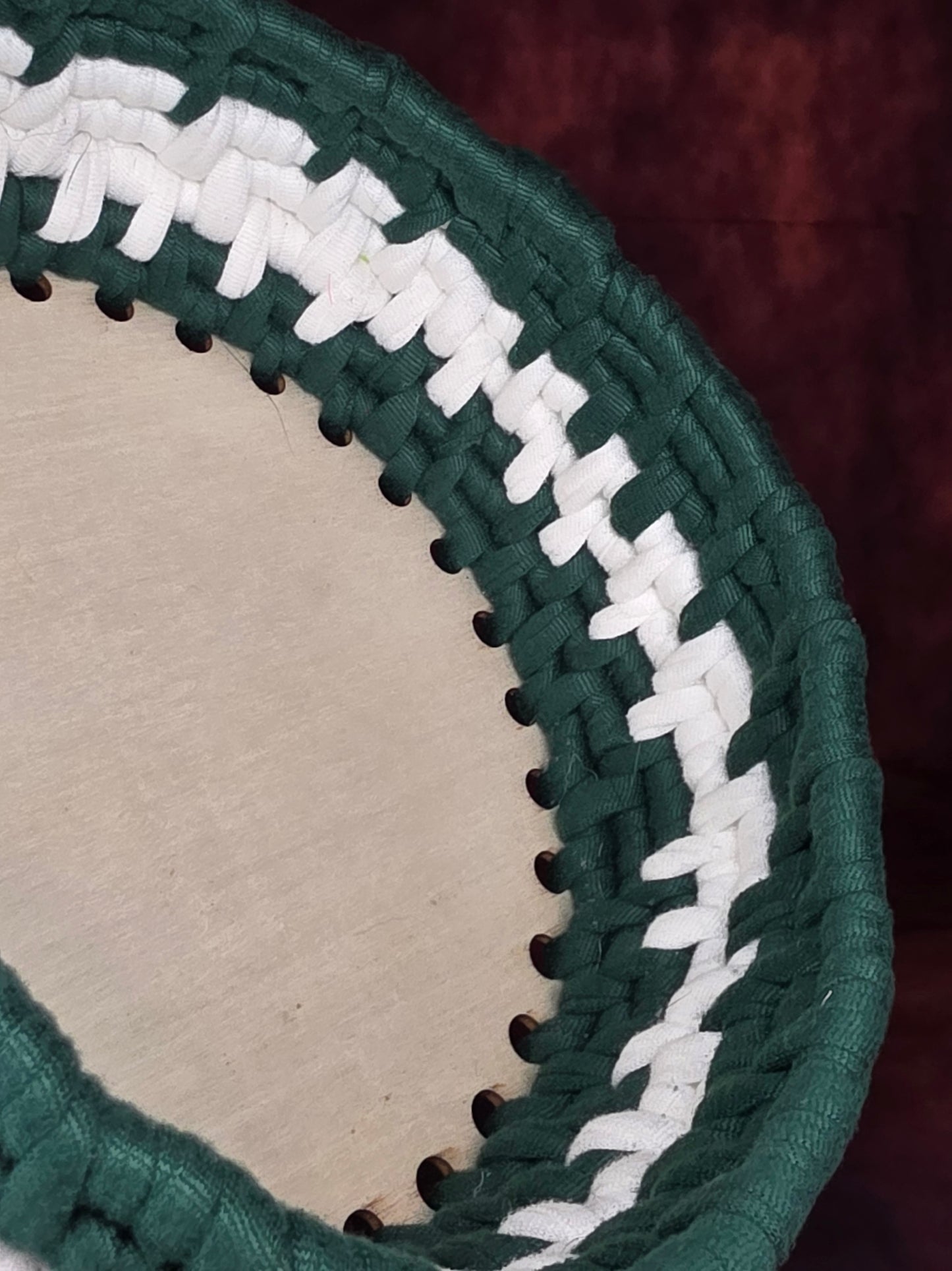 Mossveil Vessel - Handmade Coil Wrapped Green and White Basket with Wooden Base