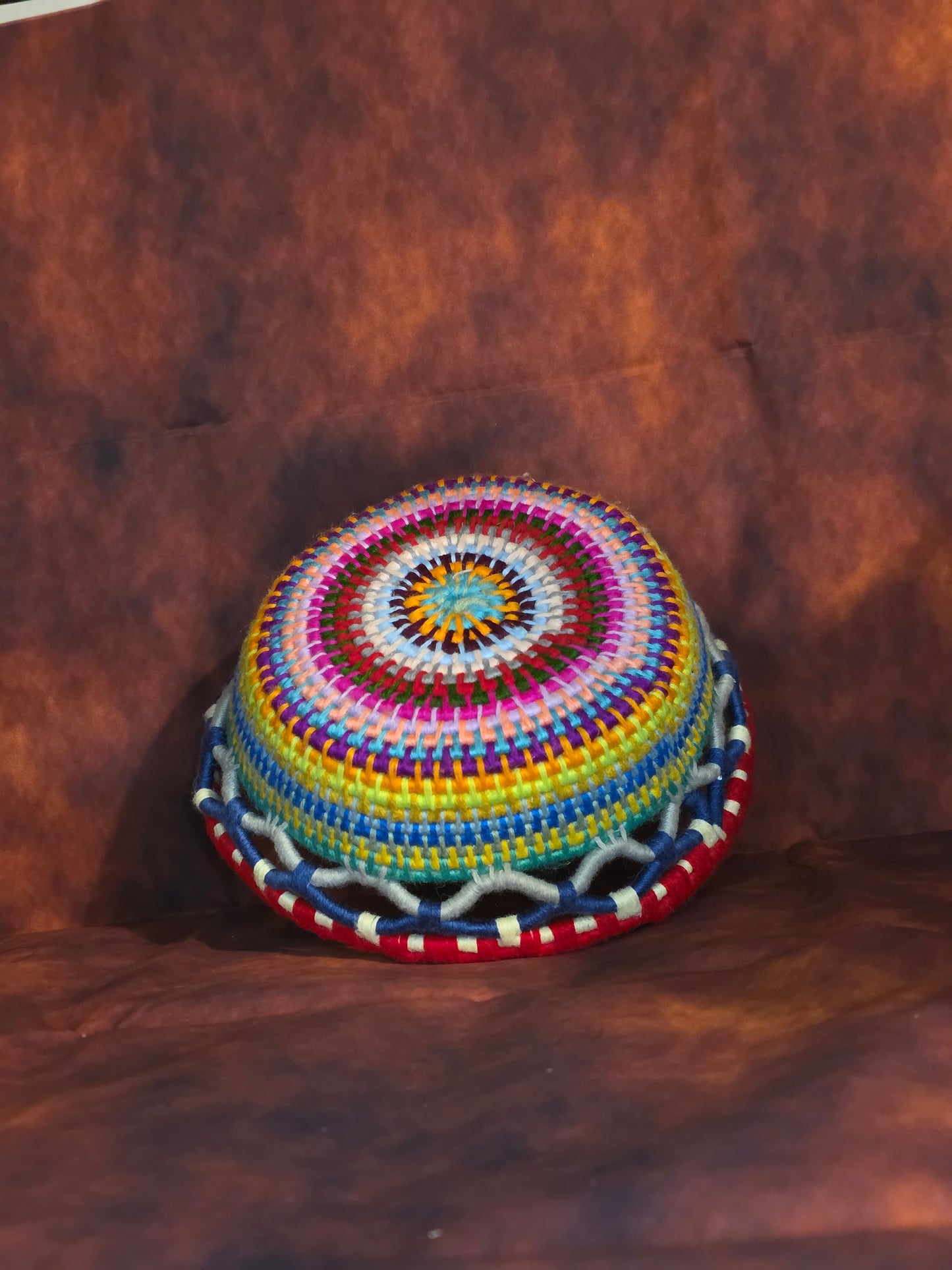 Prismveil Vessel - Handmade Multicolored Coil Wrapped Basket with Lace Knotwork