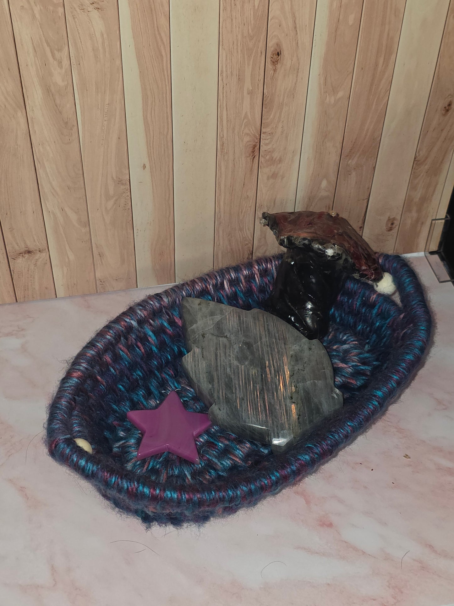 Tidehold Vessel - Handmade Coil Wrapped Oval Basket with Wooden Beads