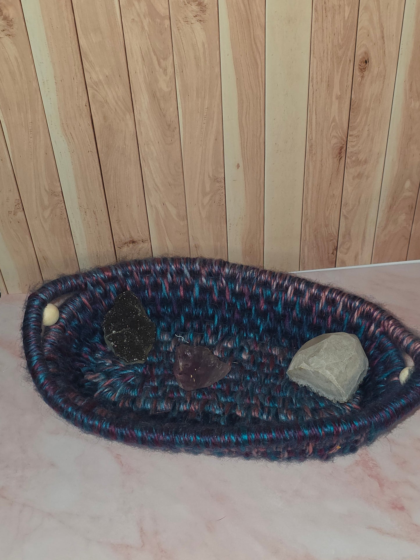 Tidehold Vessel - Handmade Coil Wrapped Oval Basket with Wooden Beads