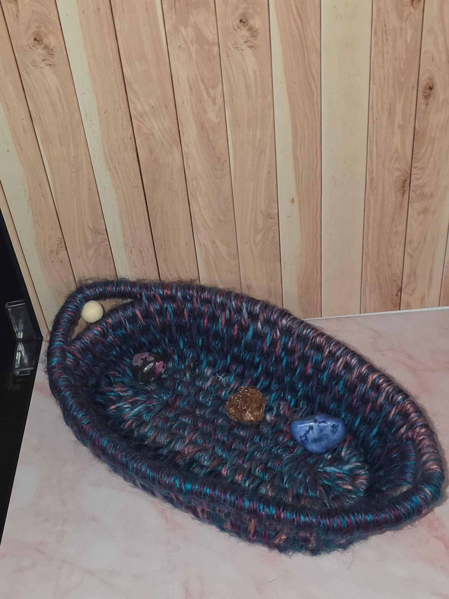 Tidehold Vessel - Handmade Coil Wrapped Oval Basket with Wooden Beads