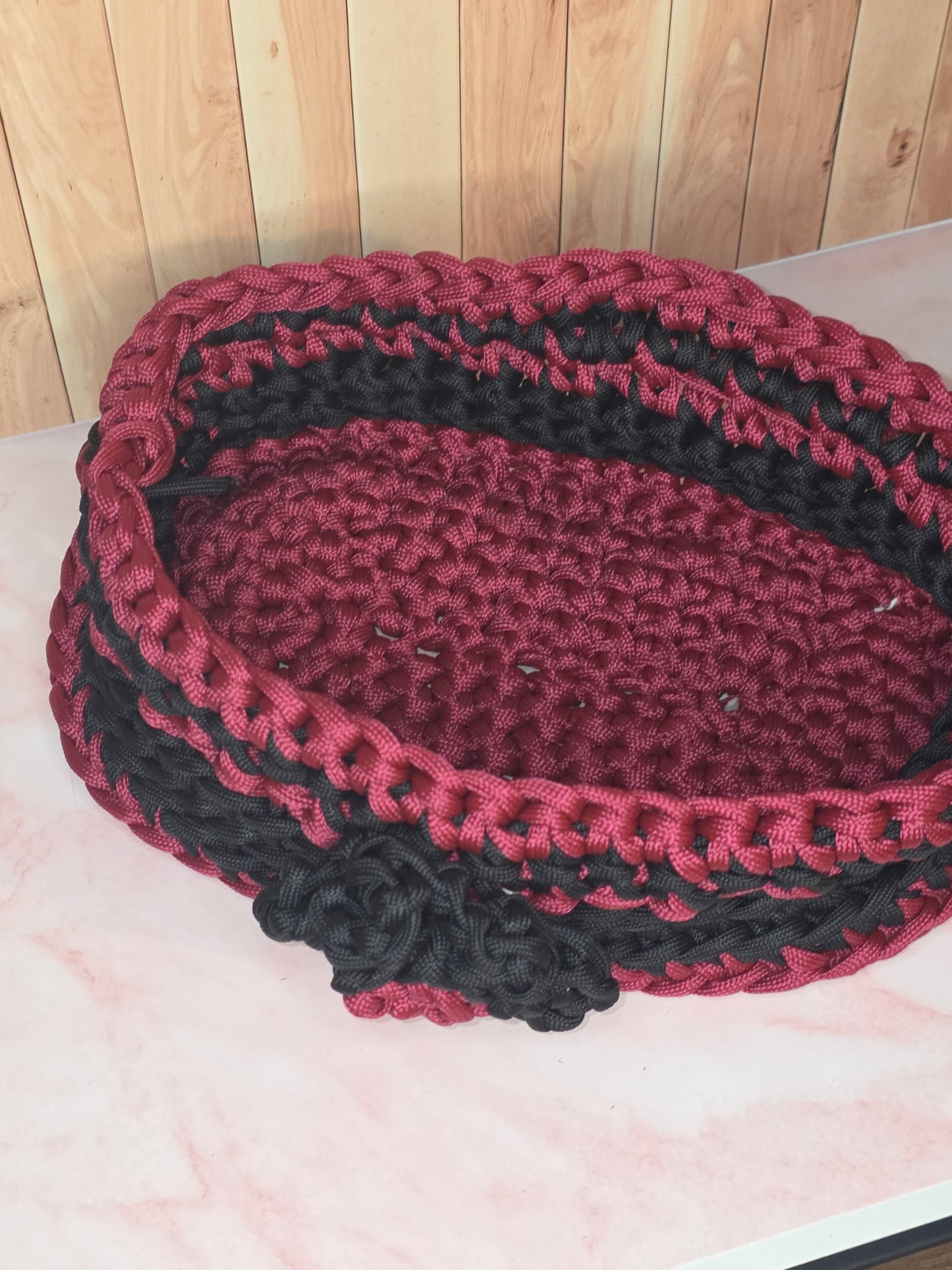 Bloodthorn Vessel - Handmade Crocheted Maroon and Black Oval Basket