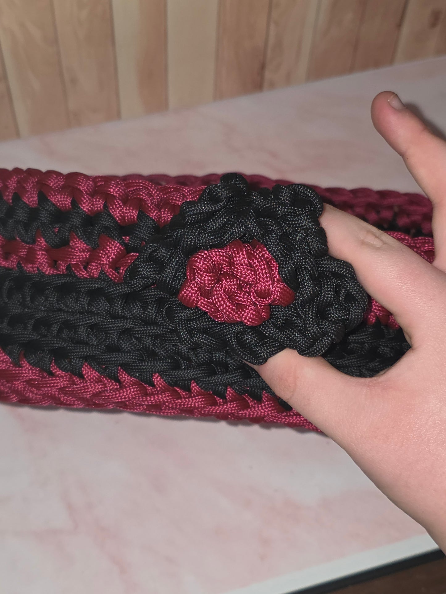 Bloodthorn Vessel - Handmade Crocheted Maroon and Black Oval Basket