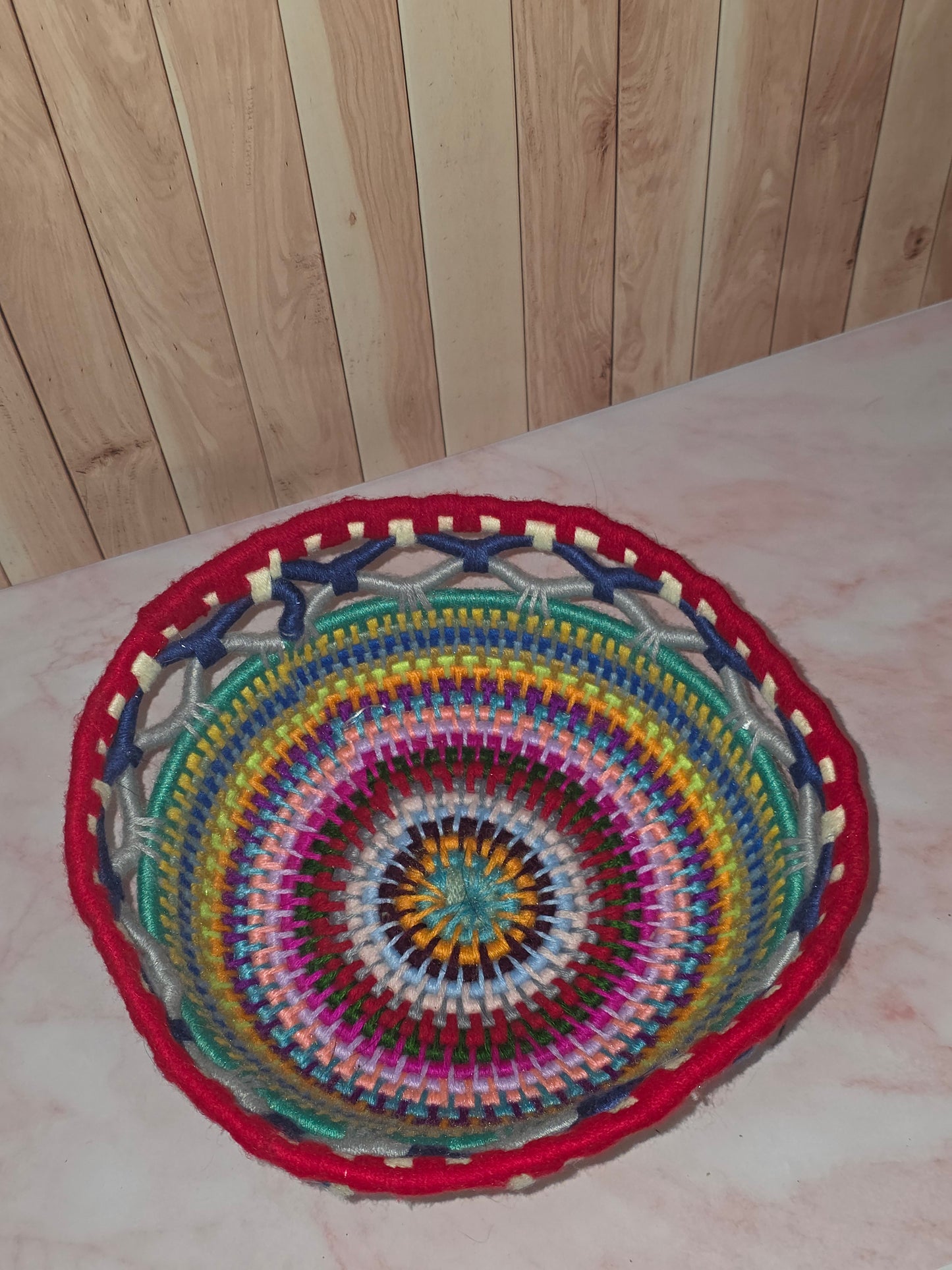 Prismveil Vessel - Handmade Multicolored Coil Wrapped Basket with Lace Knotwork