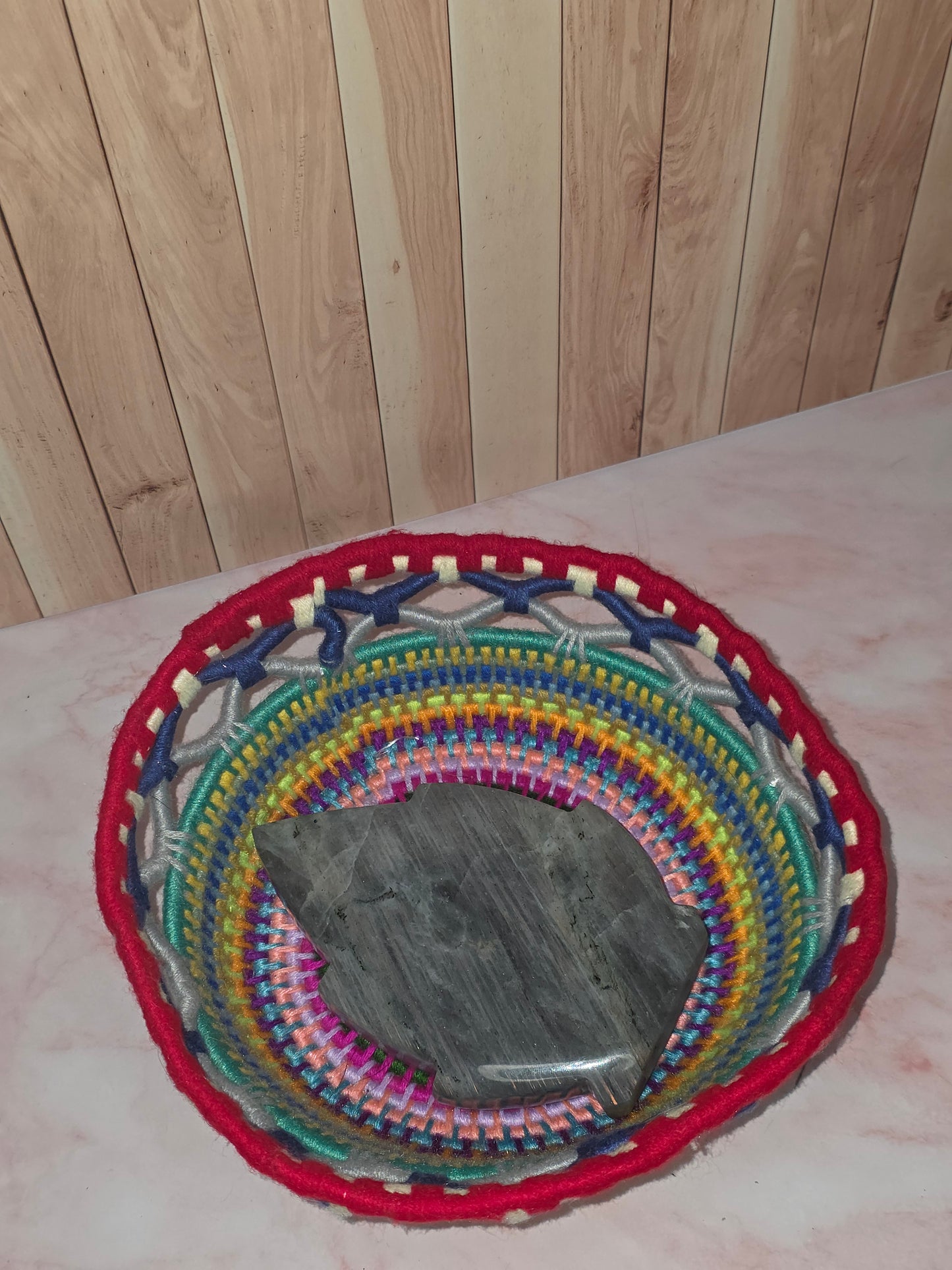 Prismveil Vessel - Handmade Multicolored Coil Wrapped Basket with Lace Knotwork