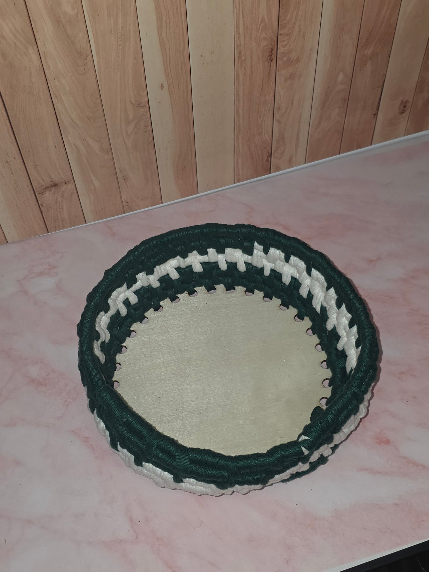 Mossveil Vessel - Handmade Coil Wrapped Green and White Basket with Wooden Base
