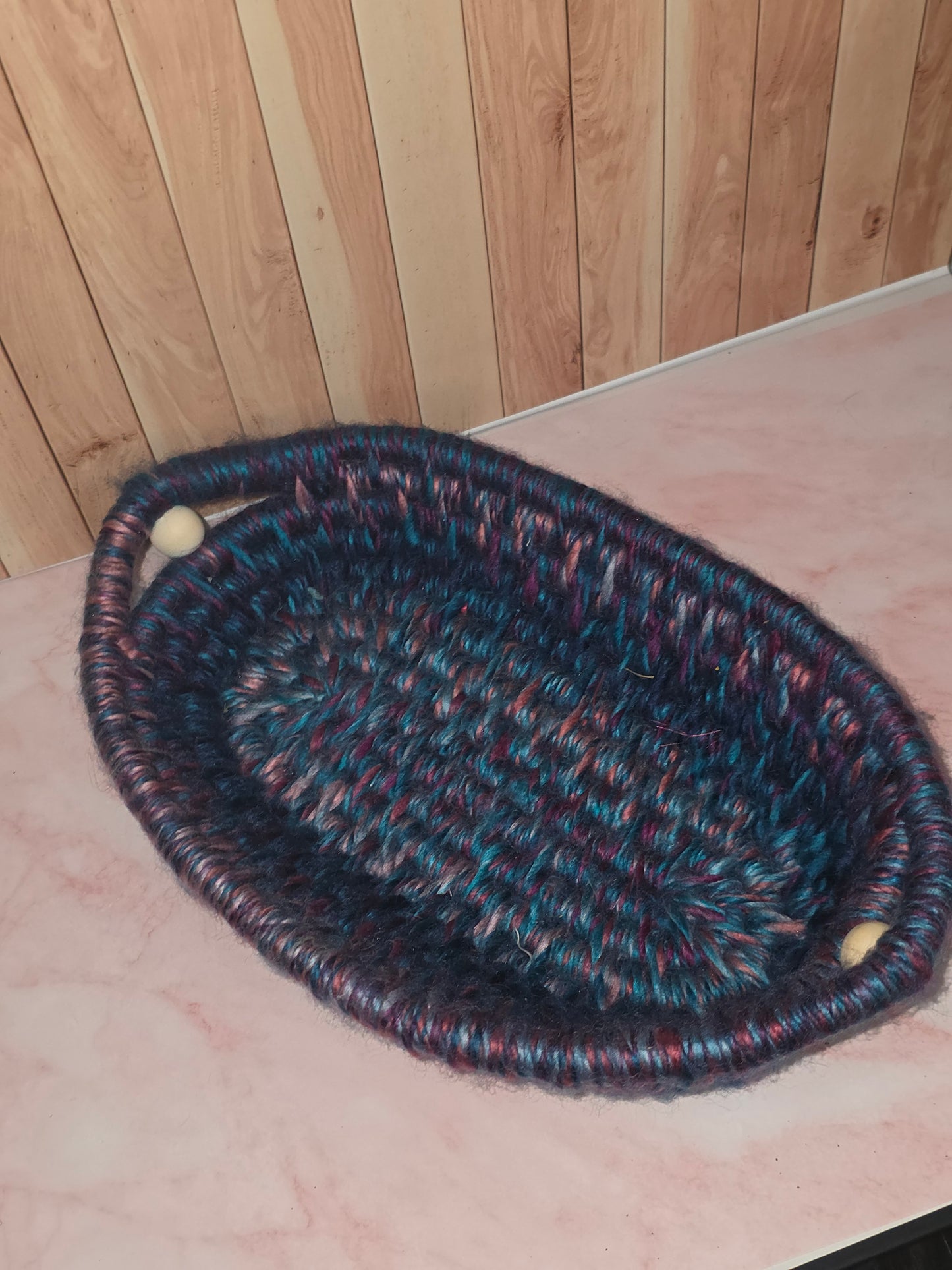 Tidehold Vessel - Handmade Coil Wrapped Oval Basket with Wooden Beads