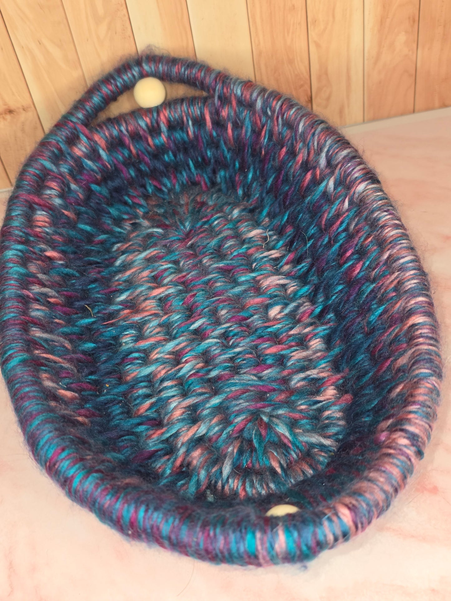 Tidehold Vessel - Handmade Coil Wrapped Oval Basket with Wooden Beads