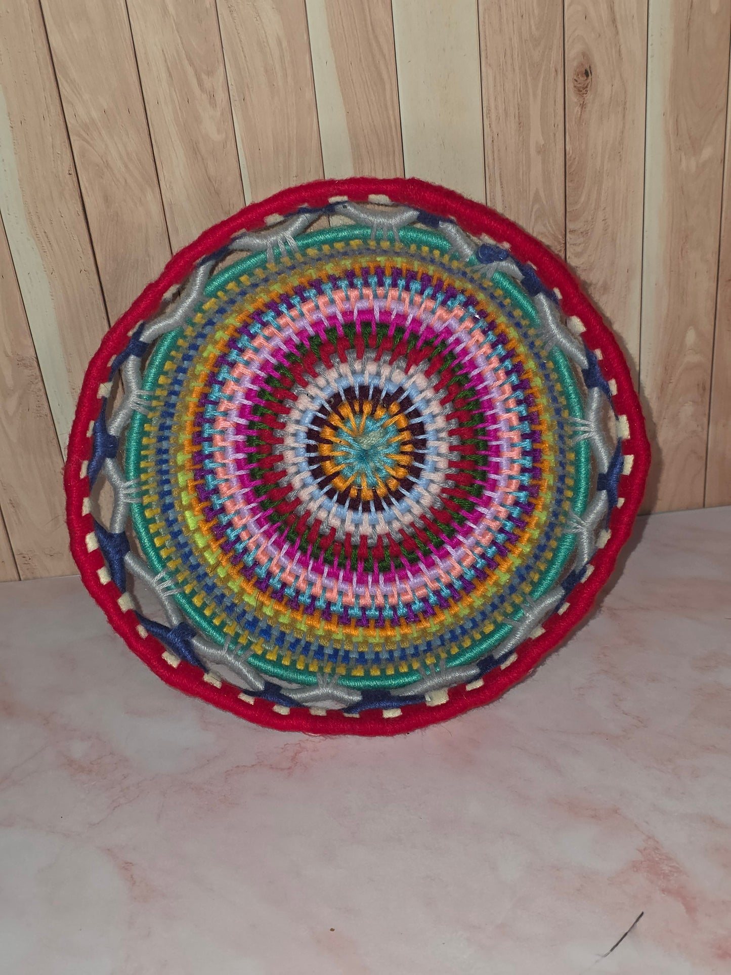 Prismveil Vessel - Handmade Multicolored Coil Wrapped Basket with Lace Knotwork