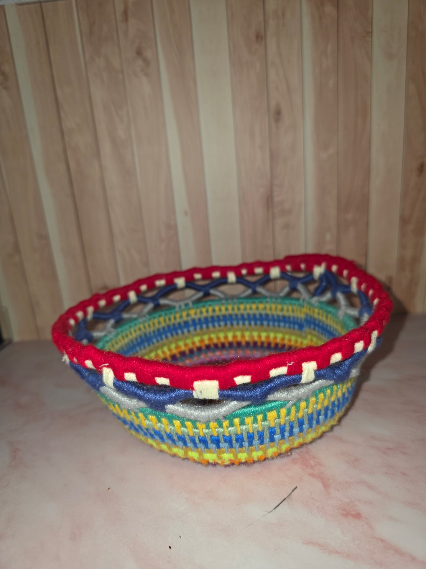 Prismveil Vessel - Handmade Multicolored Coil Wrapped Basket with Lace Knotwork