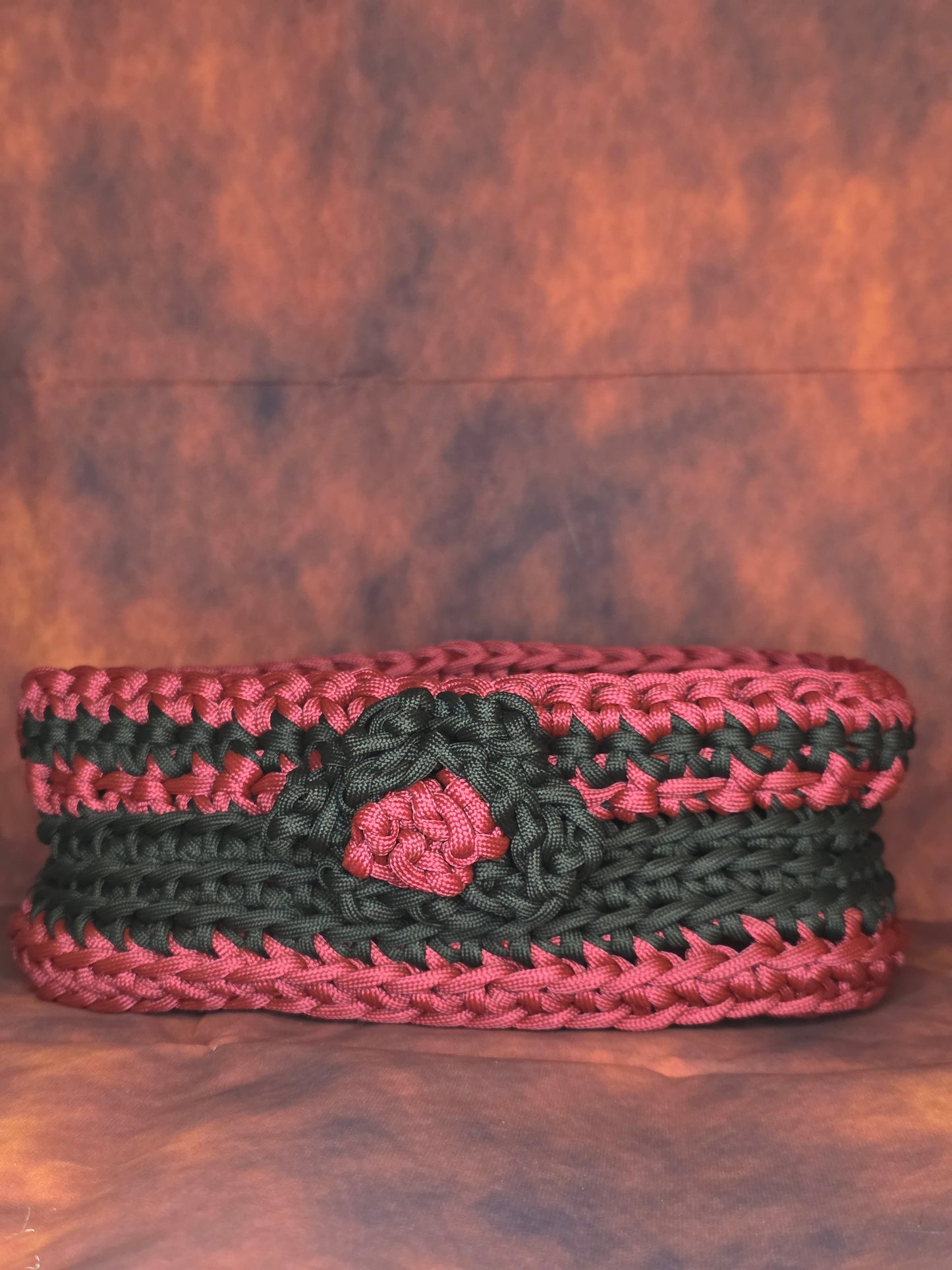 Bloodthorn Vessel - Handmade Crocheted Maroon and Black Oval Basket