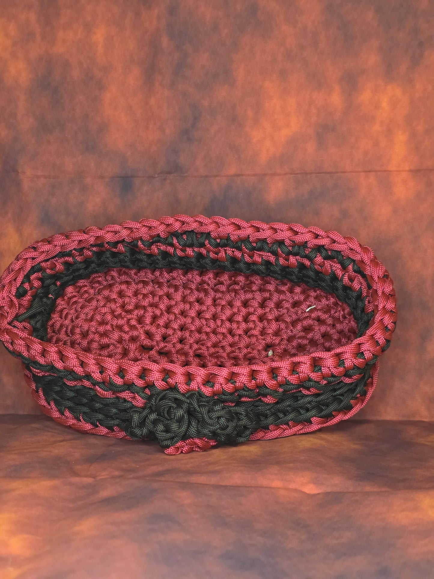 Bloodthorn Vessel - Handmade Crocheted Maroon and Black Oval Basket