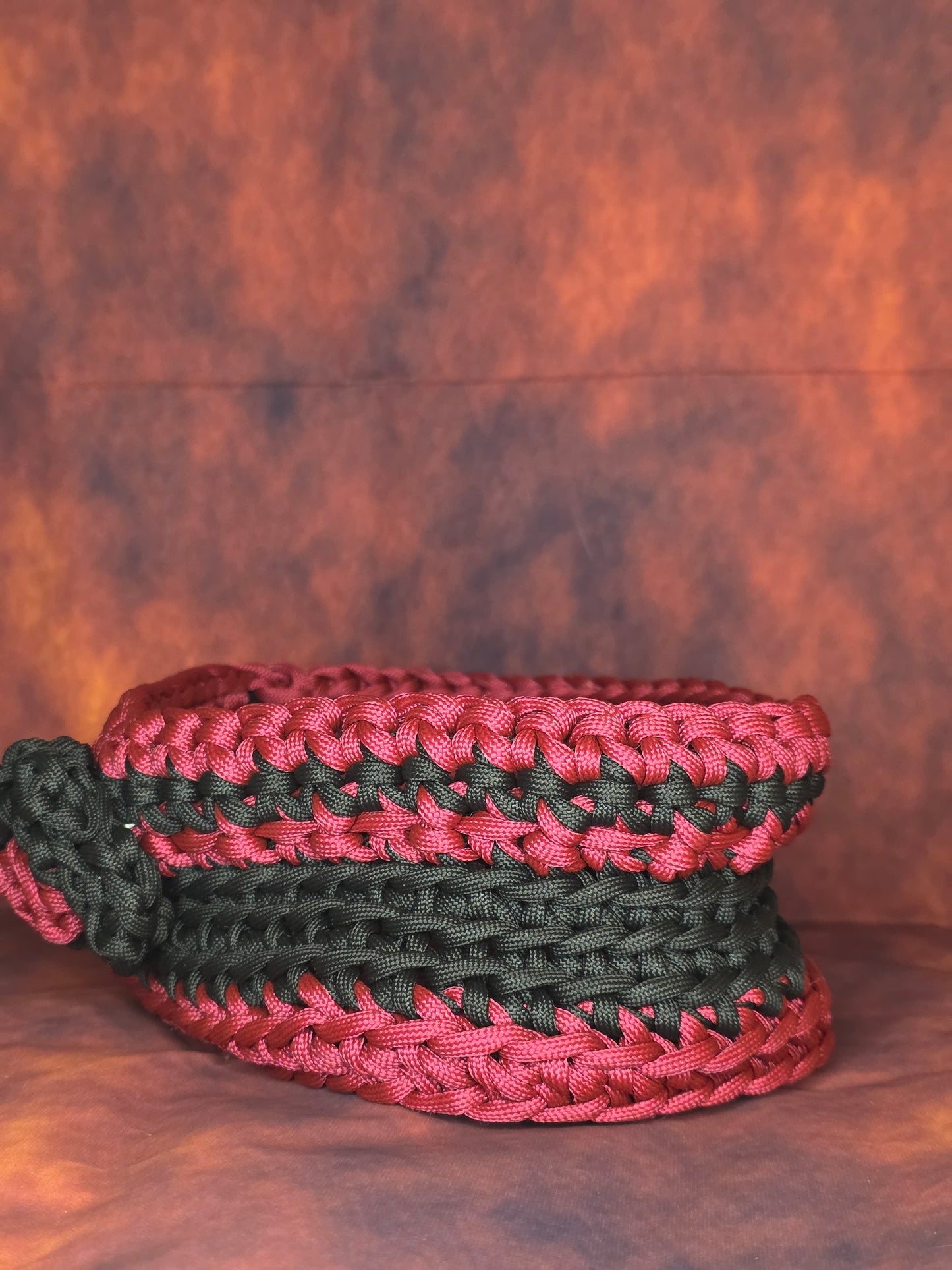 Bloodthorn Vessel - Handmade Crocheted Maroon and Black Oval Basket