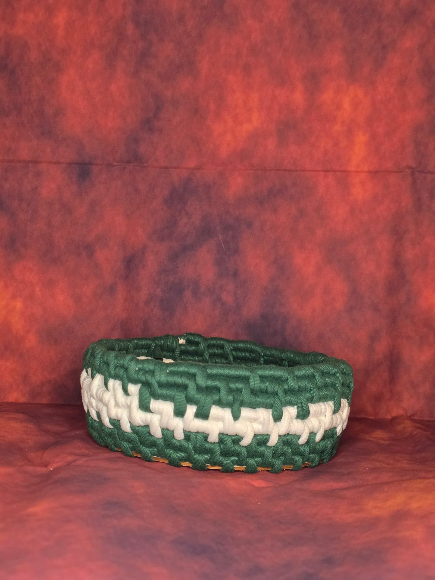 Mossveil Vessel - Handmade Coil Wrapped Green and White Basket with Wooden Base