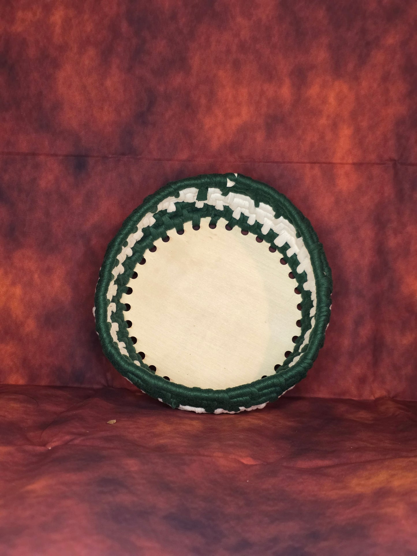 Mossveil Vessel - Handmade Coil Wrapped Green and White Basket with Wooden Base