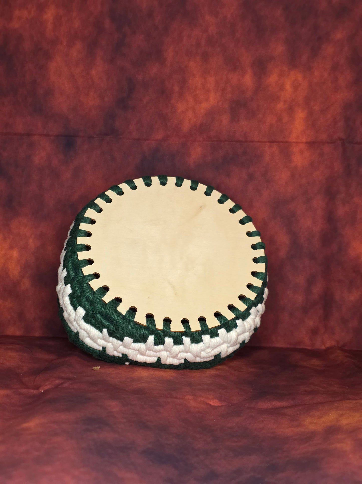 Mossveil Vessel - Handmade Coil Wrapped Green and White Basket with Wooden Base