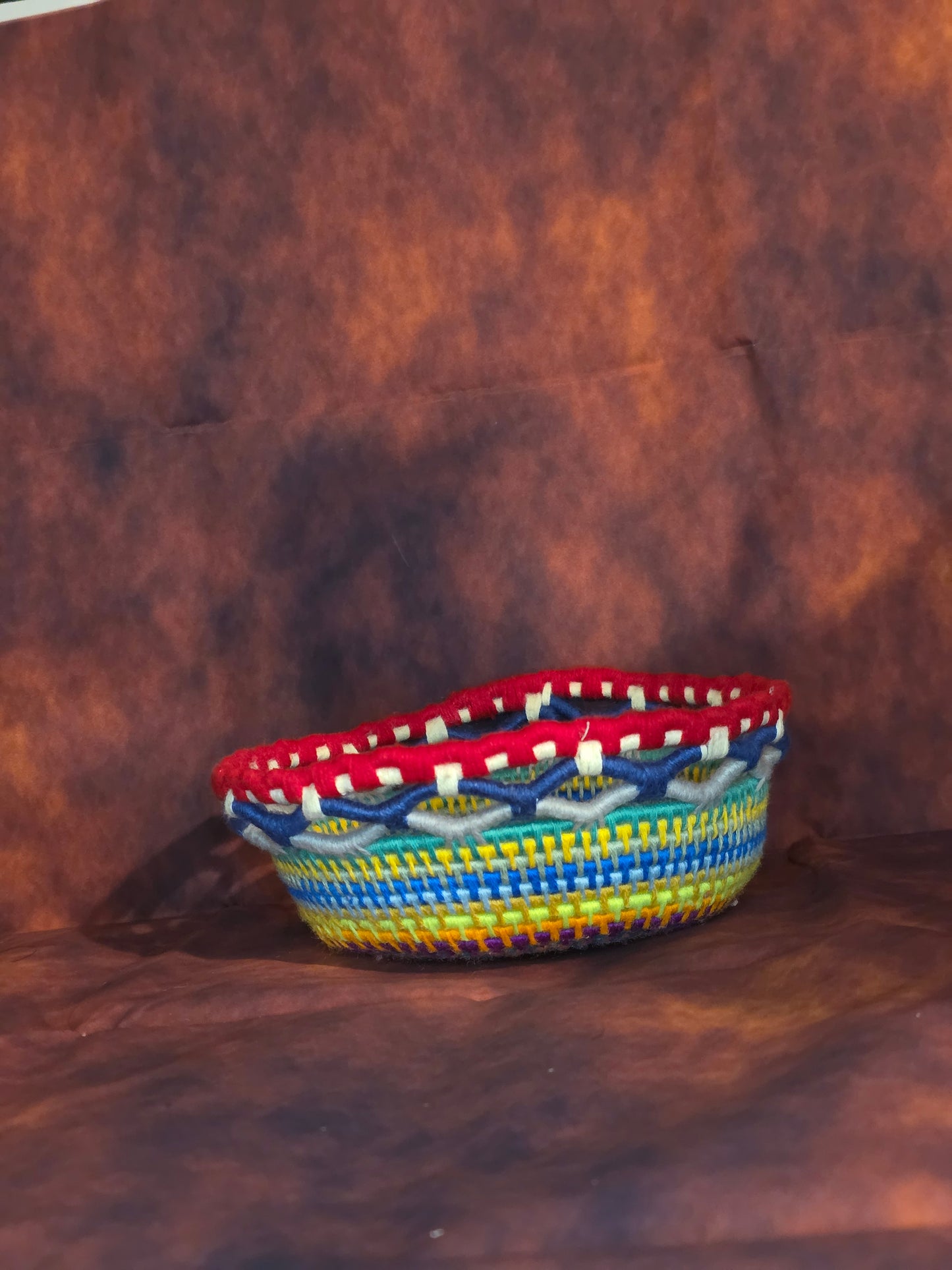 Prismveil Vessel - Handmade Multicolored Coil Wrapped Basket with Lace Knotwork