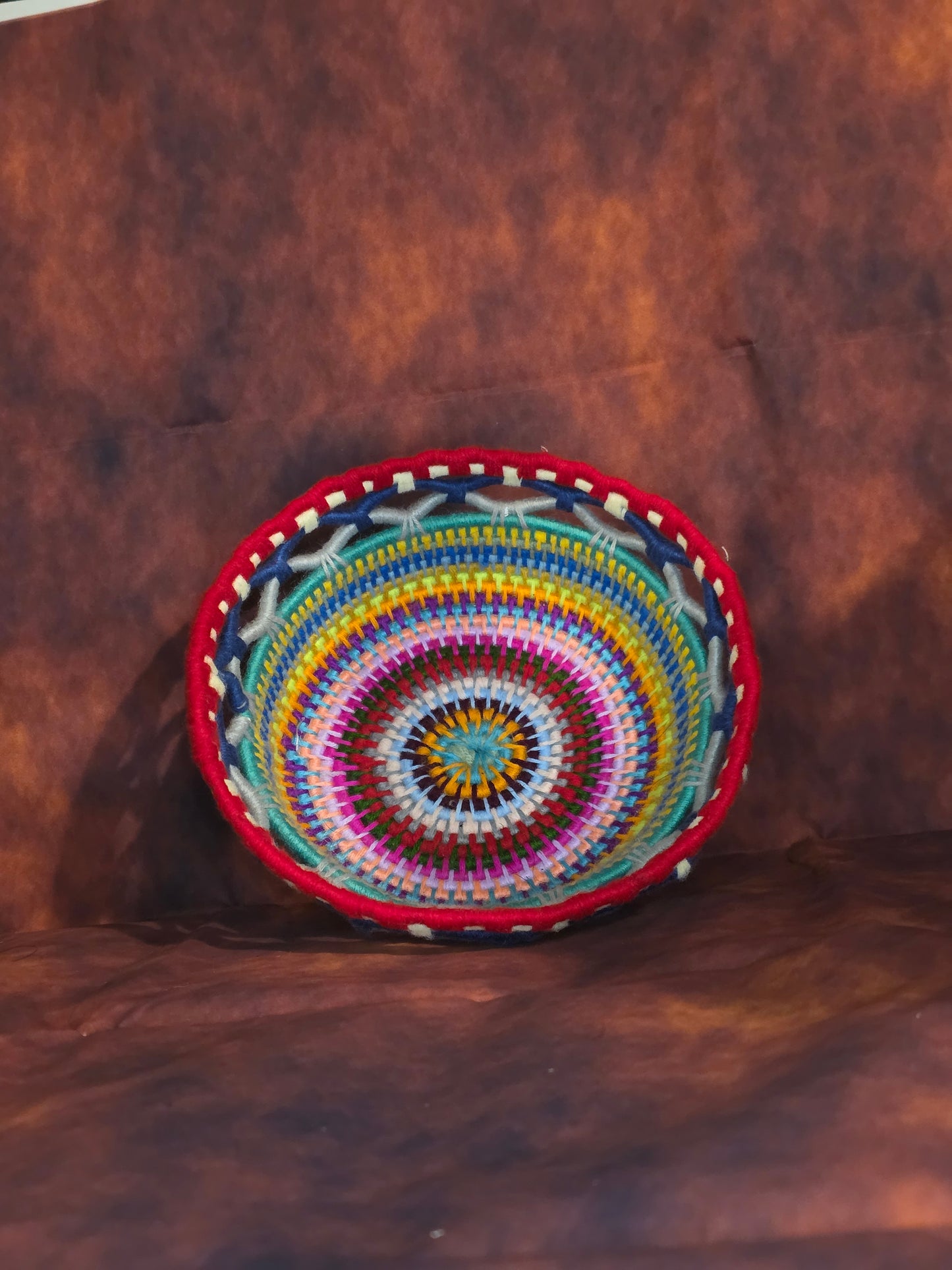 Prismveil Vessel - Handmade Multicolored Coil Wrapped Basket with Lace Knotwork
