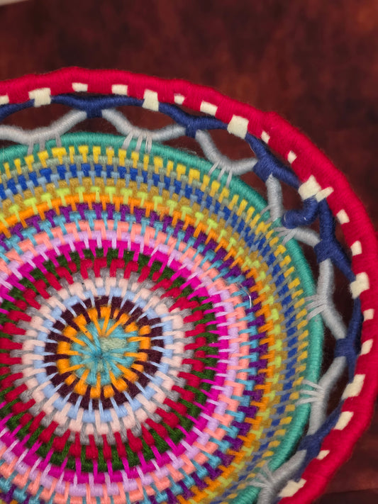 Prismveil Vessel - Handmade Multicolored Coil Wrapped Basket with Lace Knotwork