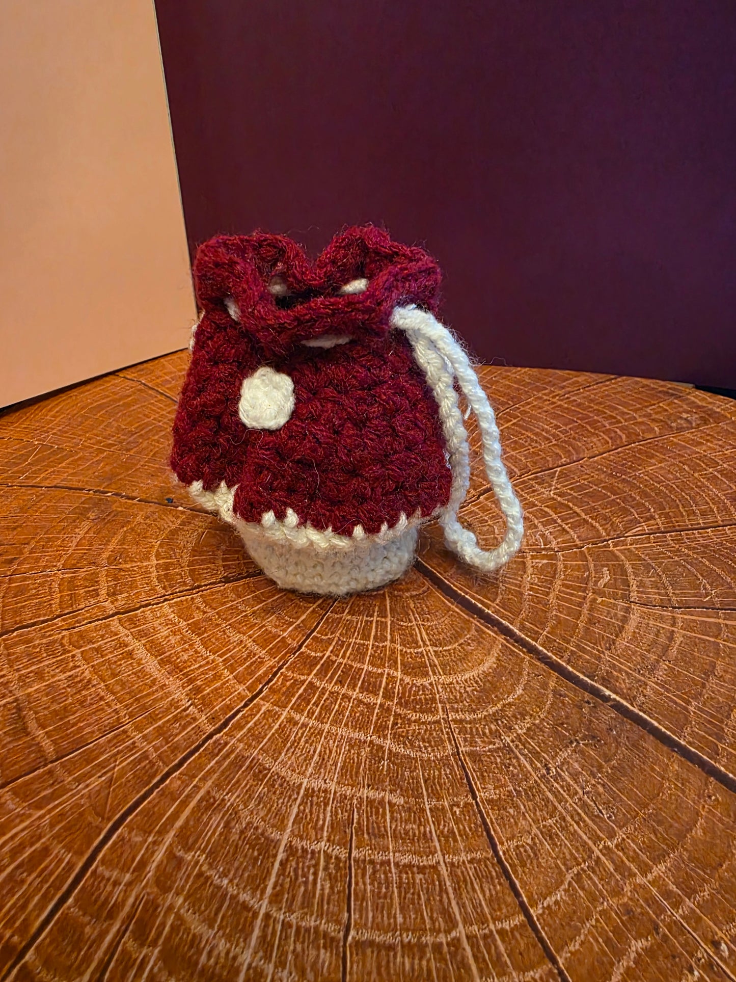 Hollowcap Dice Reliquary - Handmade Crocheted Mushroom Drawstring Pouch