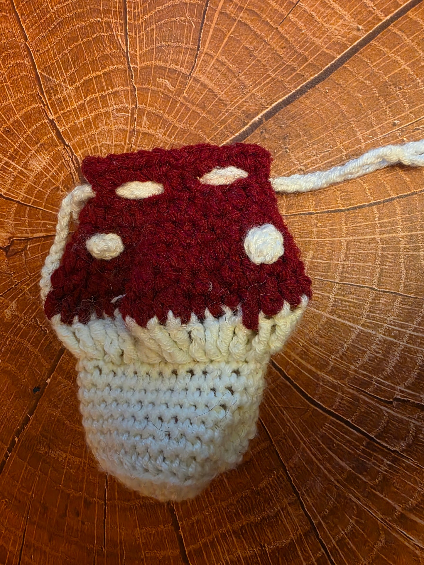 Hollowcap Dice Reliquary - Handmade Crocheted Mushroom Drawstring Pouch