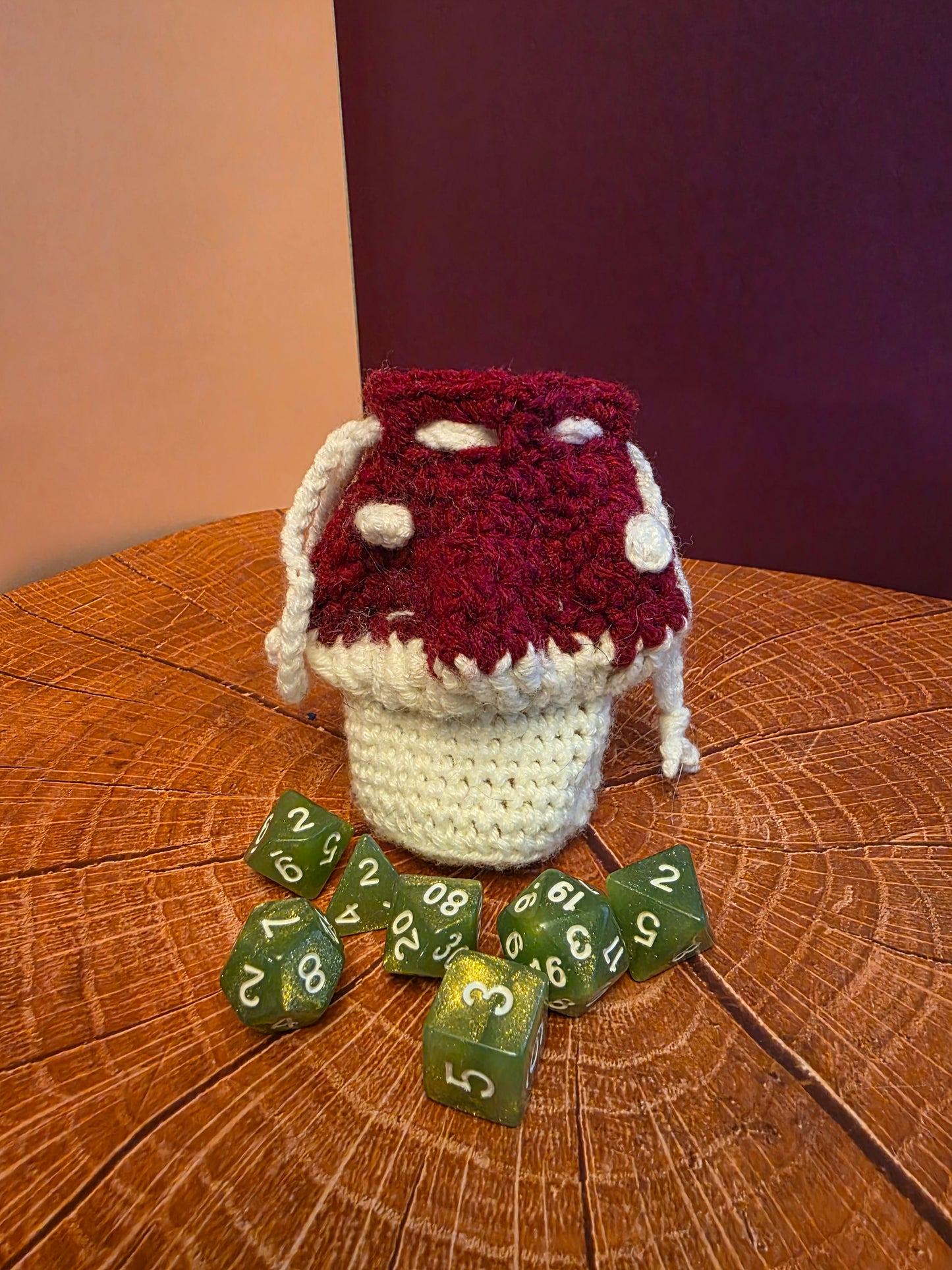 Hollowcap Dice Reliquary - Handmade Crocheted Mushroom Drawstring Pouch