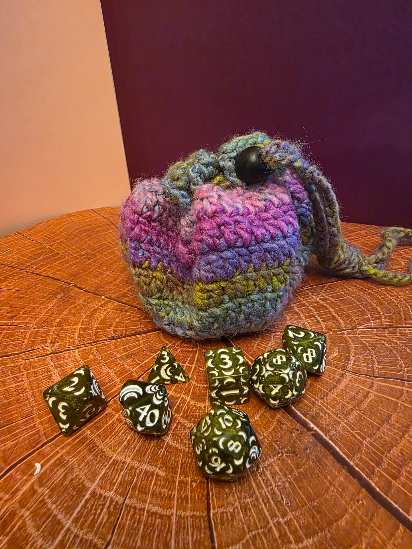 Fatebound Dice Reliquary - Handmade Crocheted Dice Tray and Drawstring Pouch