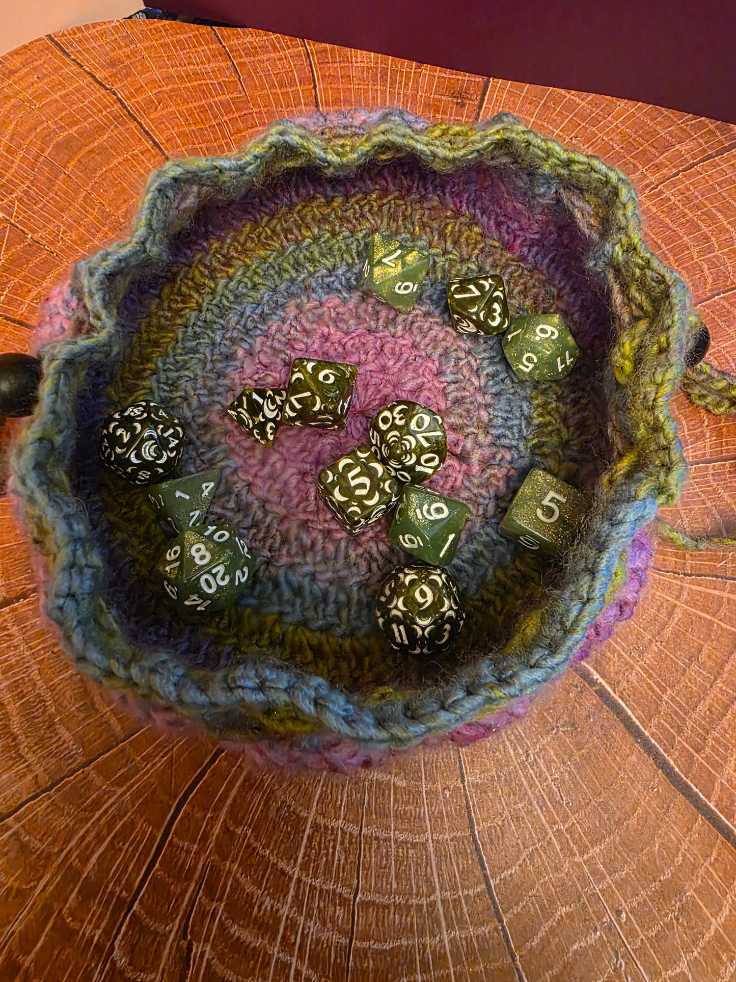 Fatebound Dice Reliquary - Handmade Crocheted Dice Tray and Drawstring Pouch