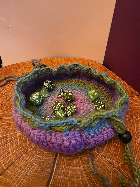 Fatebound Dice Reliquary - Handmade Crocheted Dice Tray and Drawstring Pouch